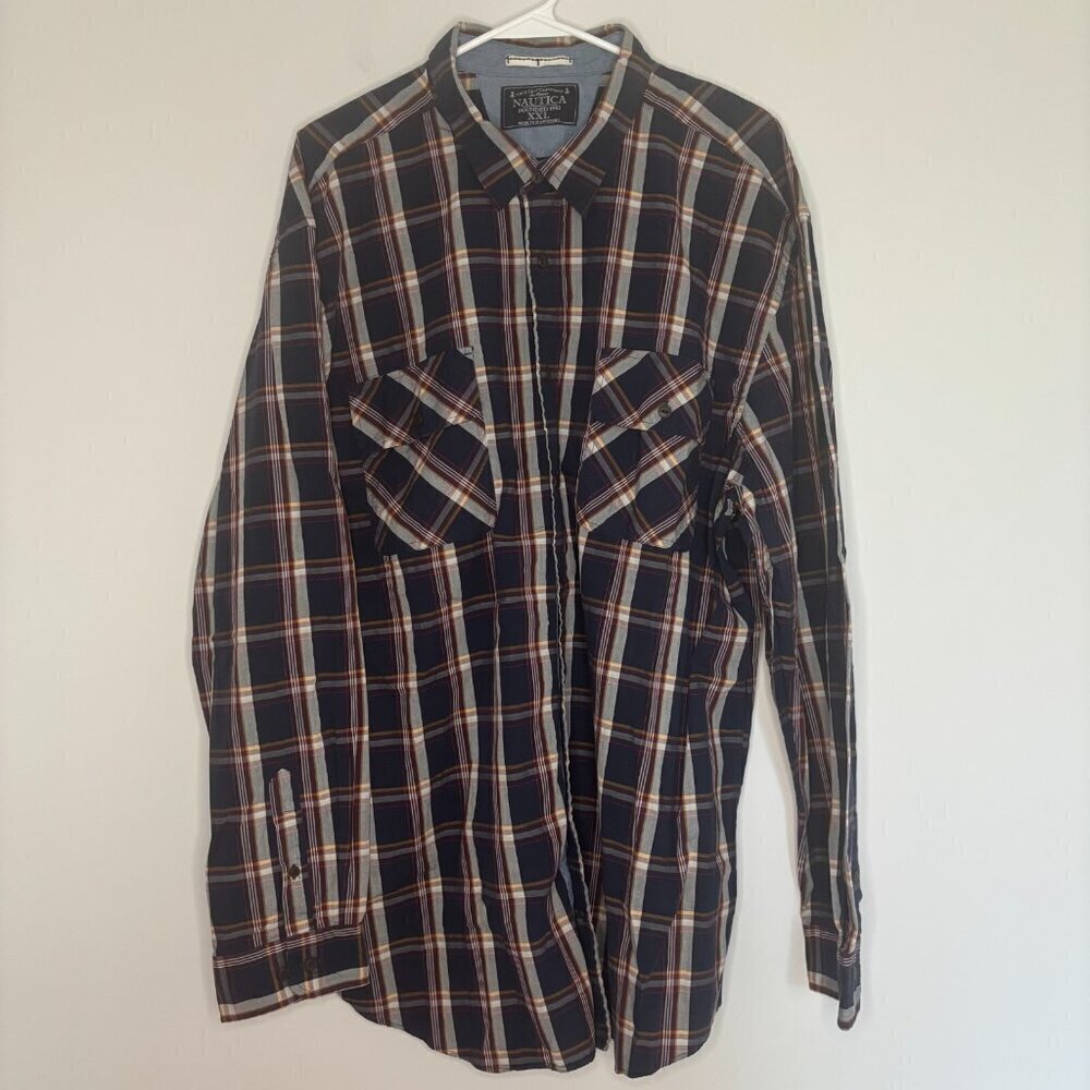 NAUTICA SEA VOYAGE Sz XXL Button Up Point Collar Navy Red Plaid Pockets